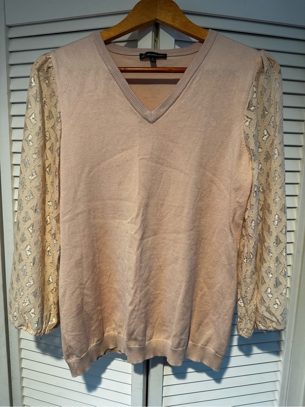 Adrianna Papell Blush Pink V-Neck Sweater with Lace Puff Sleeves